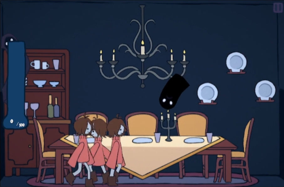 A black ghost swirls in the air above a table while three clueless children walk on screen.