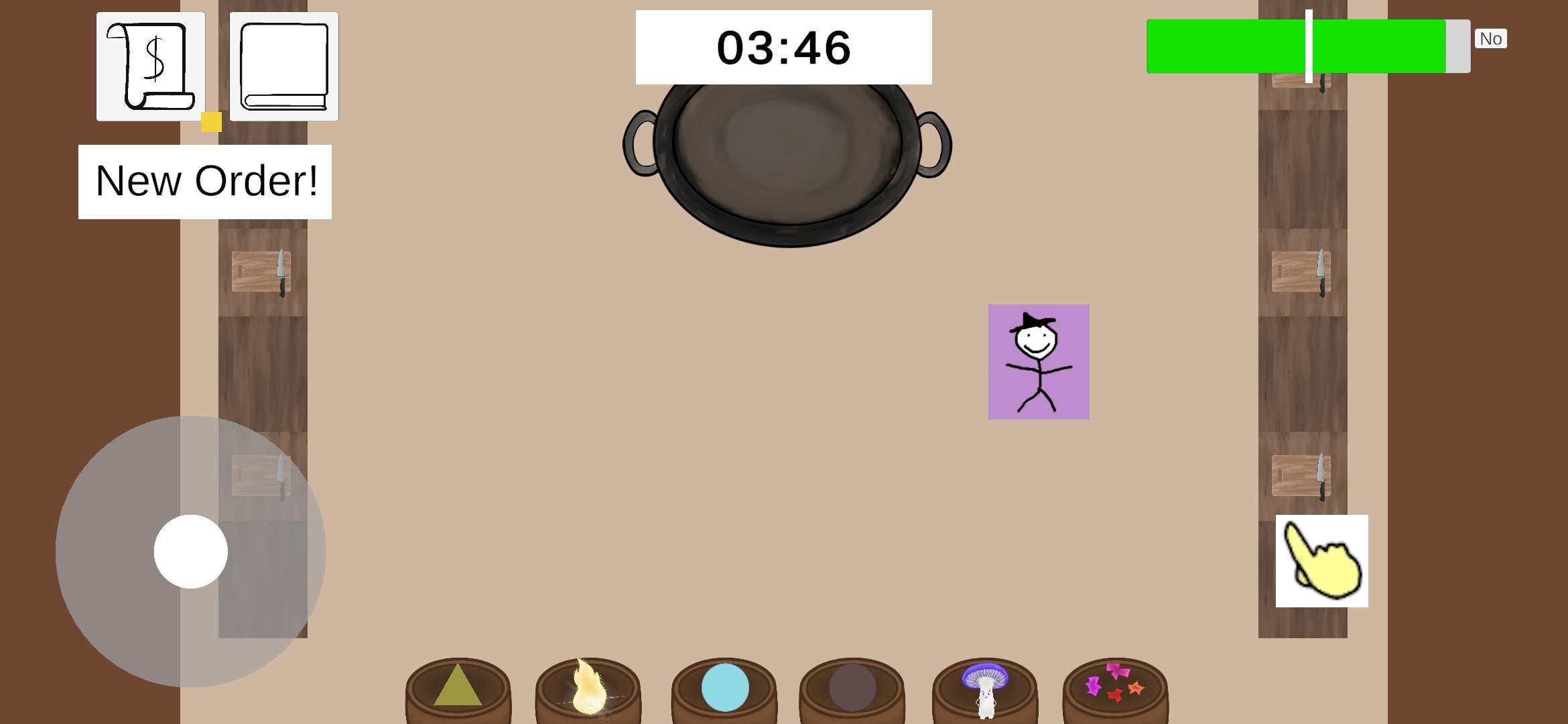 A smiley character standing in a potion shop with counters surronding them and a cauldron in the middle.