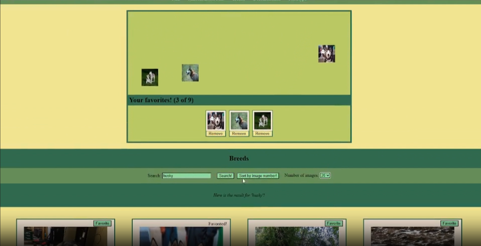 A green and yellow website with a handful of dog images in a dog park randomly placed.