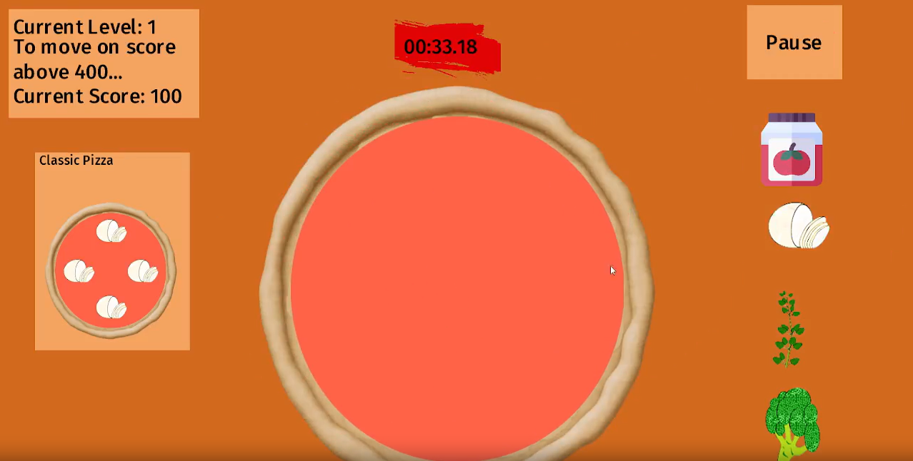 A piece of dough with tomato sauce on it with ingredients to the right