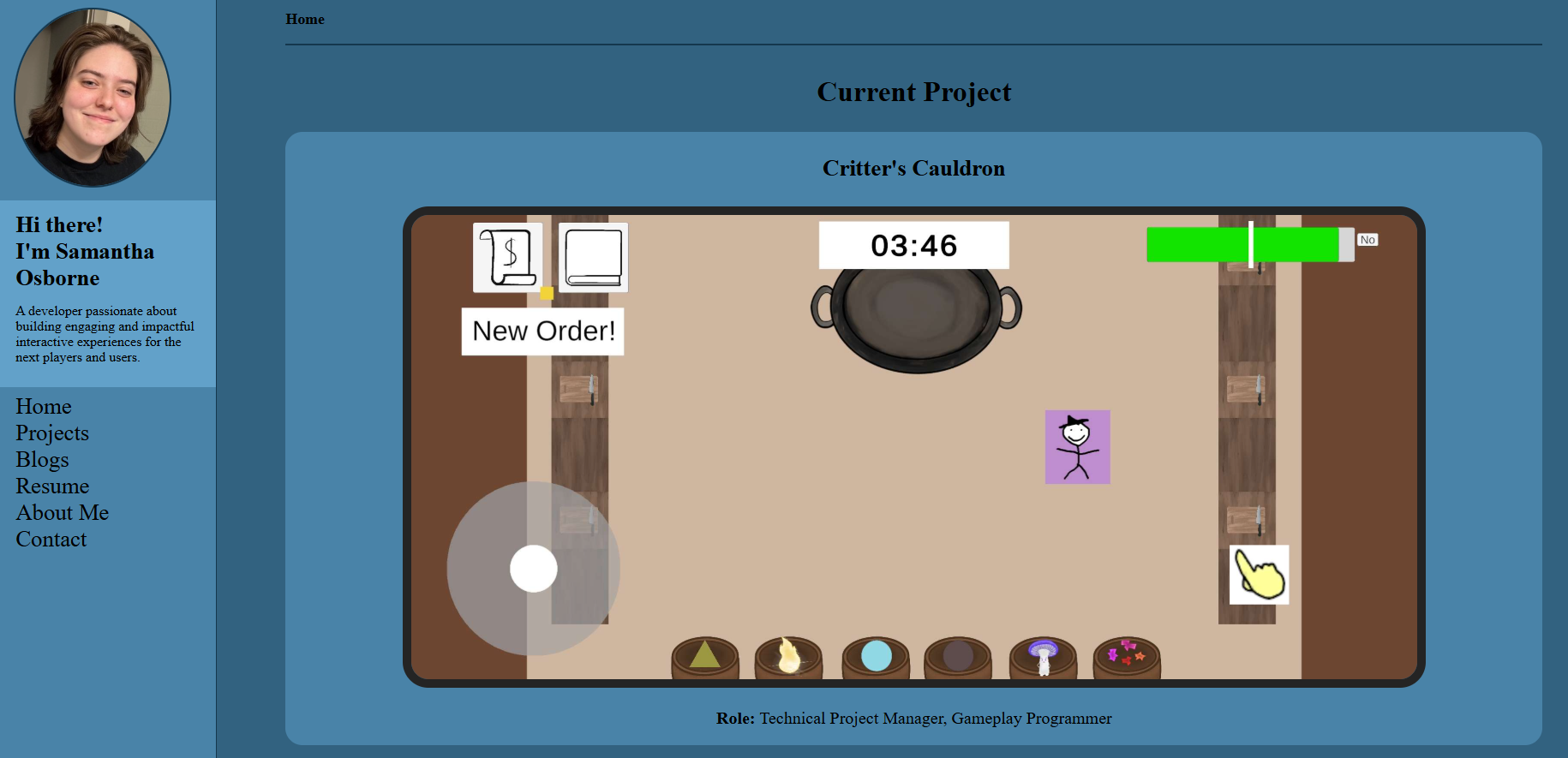 A website with a woman with brown hair in the upper right corner. A navigation list below and to the right current projects.