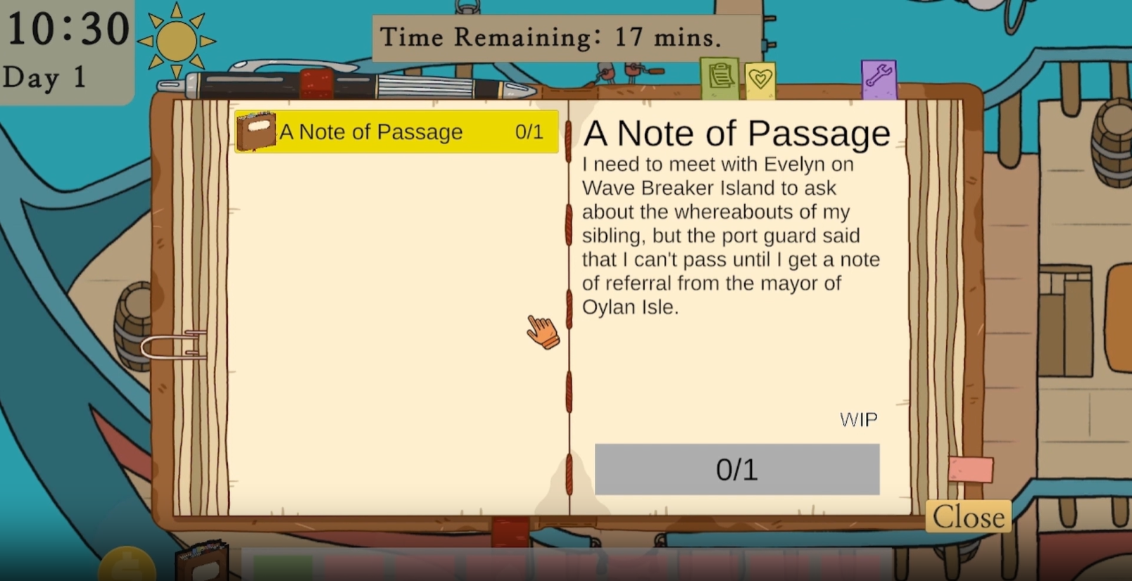 A notebook opened detailing quest information with the backdrop of being on a boat.